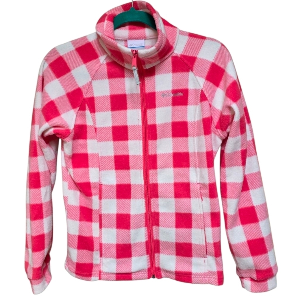 Columbia Girl's Pink and White Buffalo Check Fleece Jacket